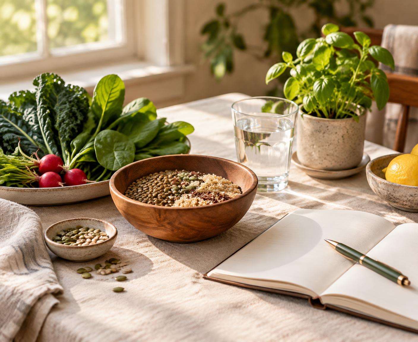 Fresh greens, lentils, water and an open notebook on a sunlit table
